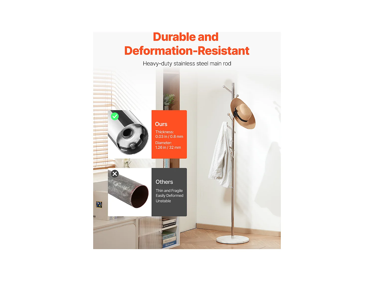 Appendiabiti da Terra SucceBuy, Appendiabiti con Base in Marmo, 8 Ganci, Appendiabiti in Metallo Autoportante per Ingresso, Camera da Letto, Soggiorno