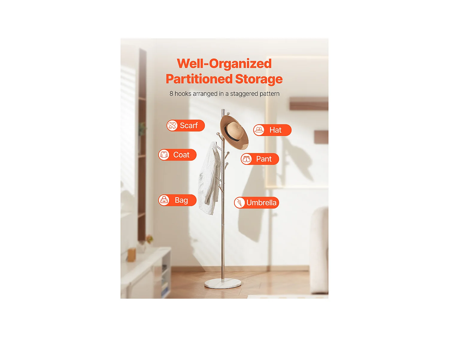 Appendiabiti da Terra SucceBuy, Appendiabiti con Base in Marmo, 8 Ganci, Appendiabiti in Metallo Autoportante per Ingresso, Camera da Letto, Soggiorno