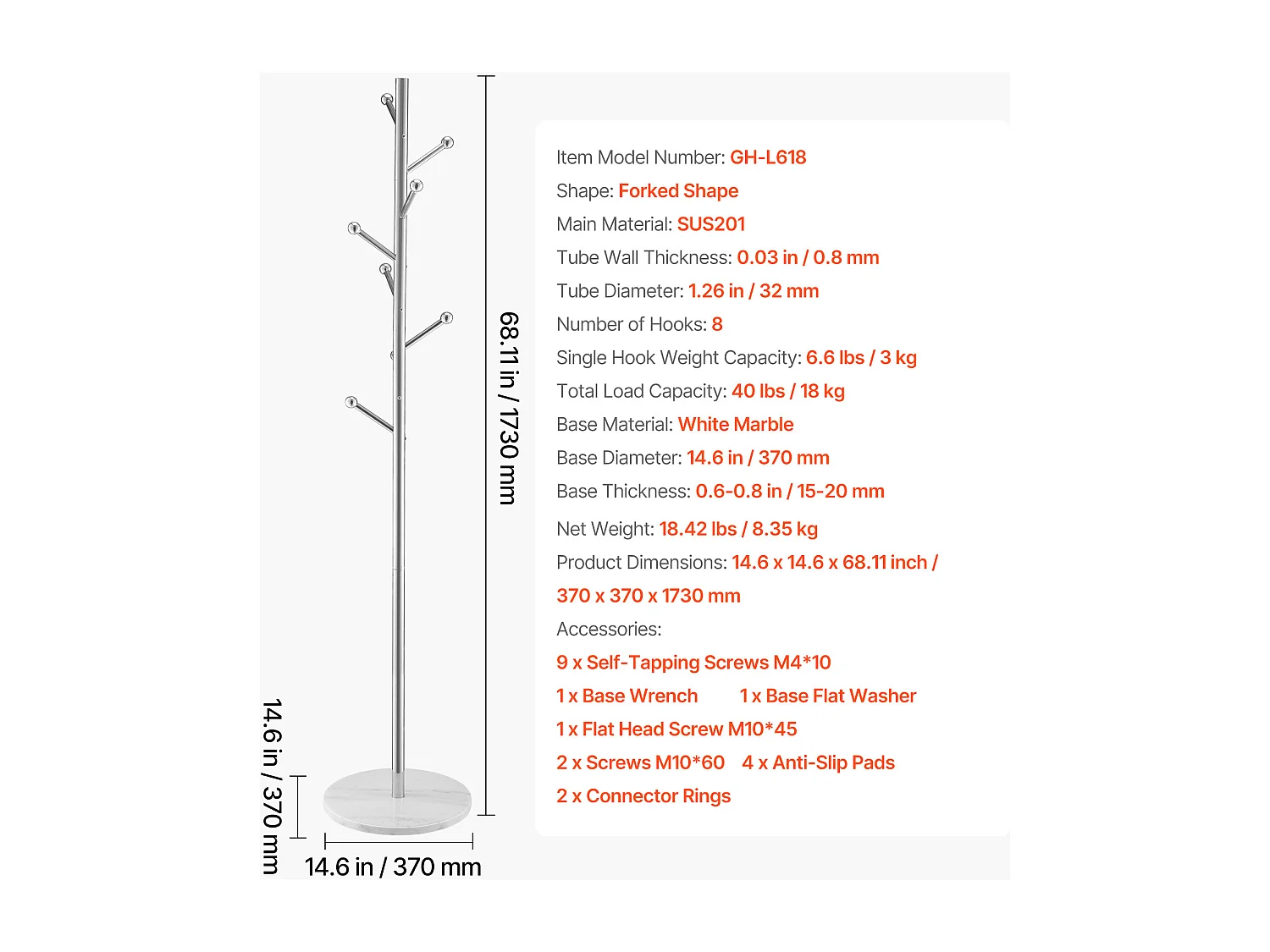 Appendiabiti da Terra SucceBuy, Appendiabiti con Base in Marmo, 8 Ganci, Appendiabiti in Metallo Autoportante per Ingresso, Camera da Letto, Soggiorno