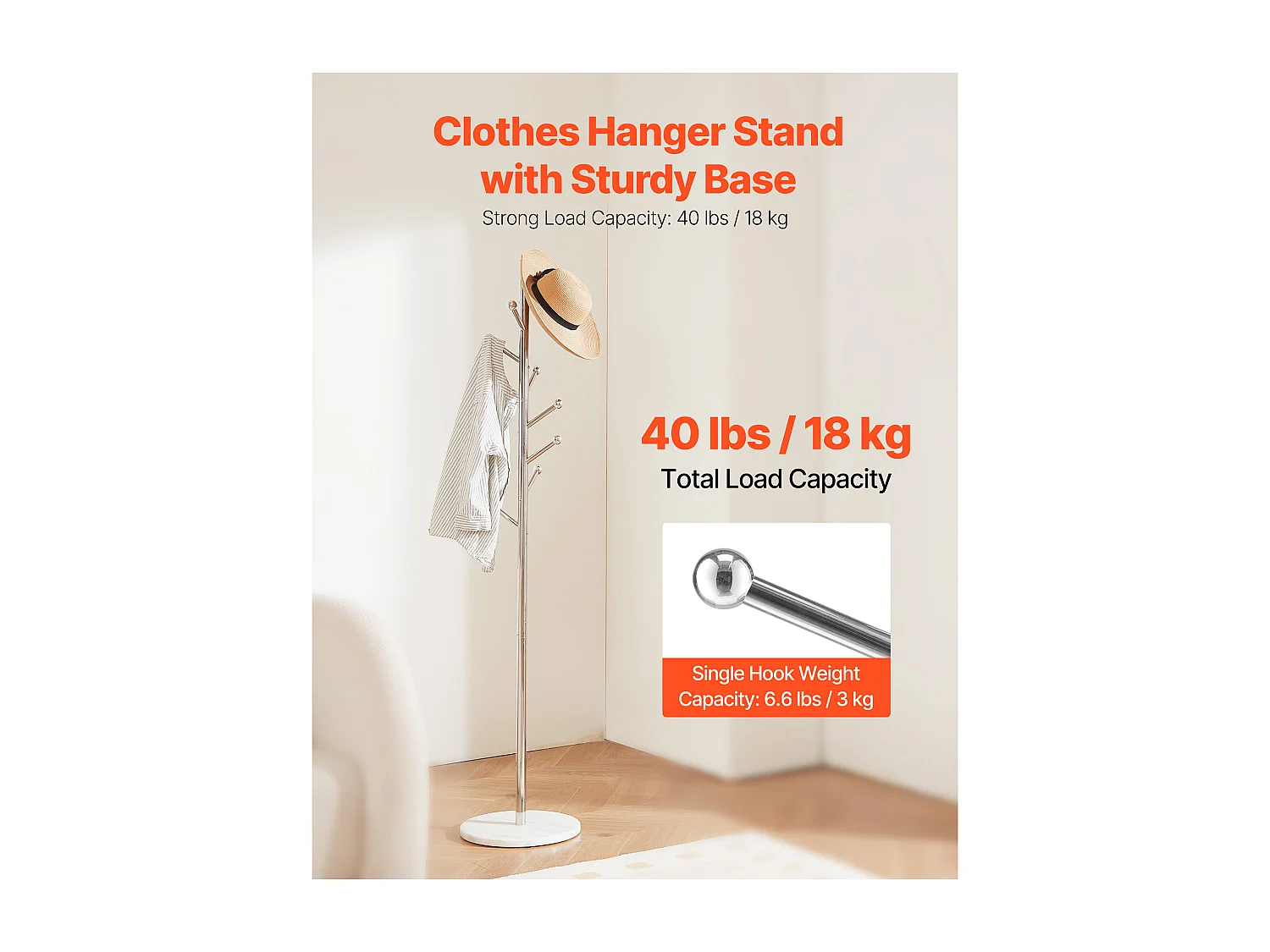 Appendiabiti da Terra SucceBuy, Appendiabiti con Base in Marmo, 8 Ganci, Appendiabiti in Metallo Autoportante per Ingresso, Camera da Letto, Soggiorno