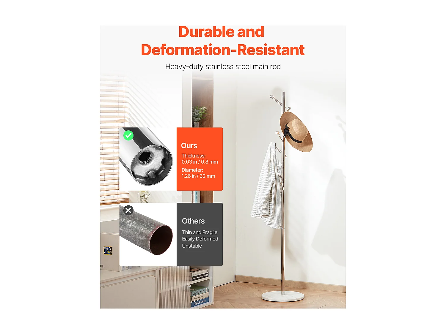 Appendiabiti da Terra SucceBuy, Appendiabiti con Base in Marmo, 8 Ganci, Appendiabiti in Metallo Autoportante per Ingresso, Camera da Letto, Soggiorno