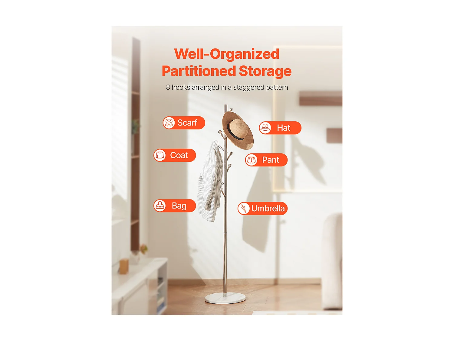 Appendiabiti da Terra SucceBuy, Appendiabiti con Base in Marmo, 8 Ganci, Appendiabiti in Metallo Autoportante per Ingresso, Camera da Letto, Soggiorno