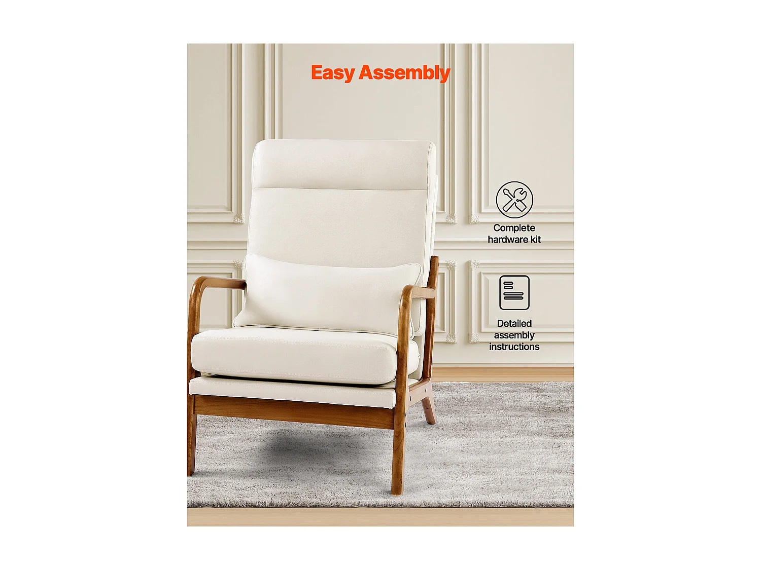 Fauteuil d'Appoint SucceBuy à Dossier Haut, Cadre en Bois Massif et Pieds Antidérapants, avec Tissu en Lin et Coussin de Siège 13,5 cm, pour Chambre, Bureau