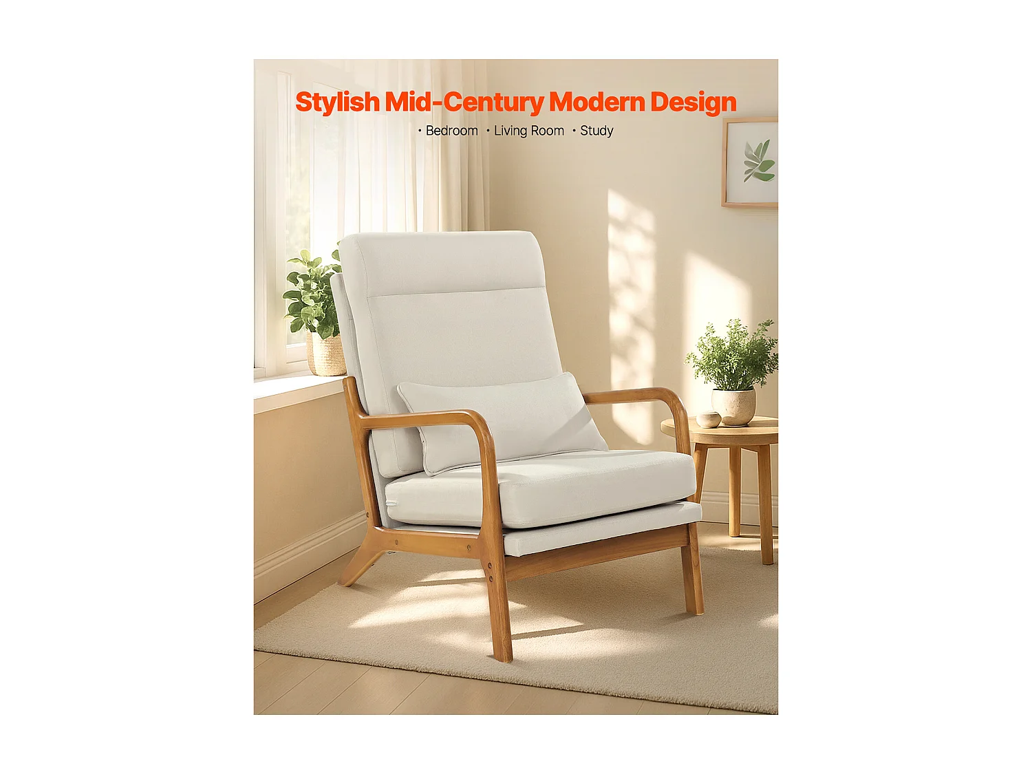 Fauteuil d'Appoint SucceBuy à Dossier Haut, Cadre en Bois Massif et Pieds Antidérapants, avec Tissu en Lin et Coussin de Siège 13,5 cm, pour Chambre, Bureau