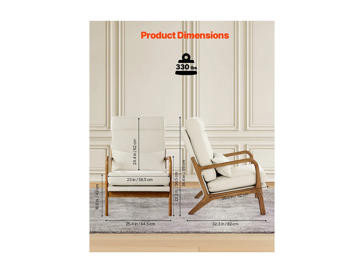 Fauteuil d'Appoint SucceBuy à Dossier Haut, Cadre en Bois Massif et Pieds Antidérapants, avec Tissu en Lin et Coussin de Siège 13,5 cm, pour Chambre, Bureau