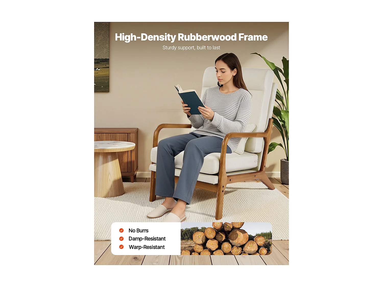 Fauteuil d'Appoint SucceBuy à Dossier Haut, Cadre en Bois Massif et Pieds Antidérapants, avec Tissu en Lin et Coussin de Siège 13,5 cm, pour Chambre, Bureau