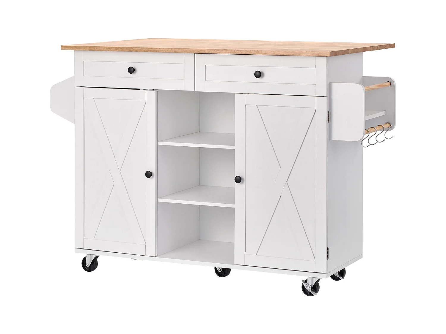 Desserte de Cuisine SucceBuy sur Roulettes, 132 cm de Large, Îlot Central Mobile avec Plateau en Bois Massif, pour Salle à Manger Garde-Manger, Blanc