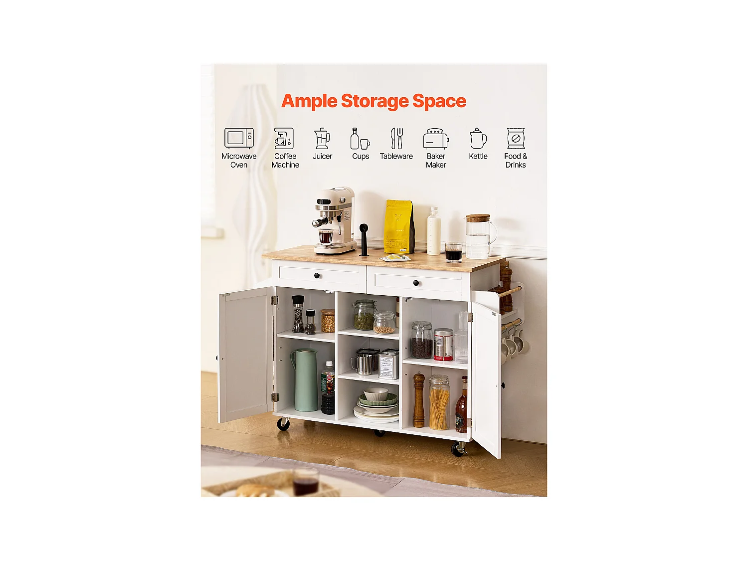 Desserte de Cuisine SucceBuy sur Roulettes, 132 cm de Large, Îlot Central Mobile avec Plateau en Bois Massif, pour Salle à Manger Garde-Manger, Blanc