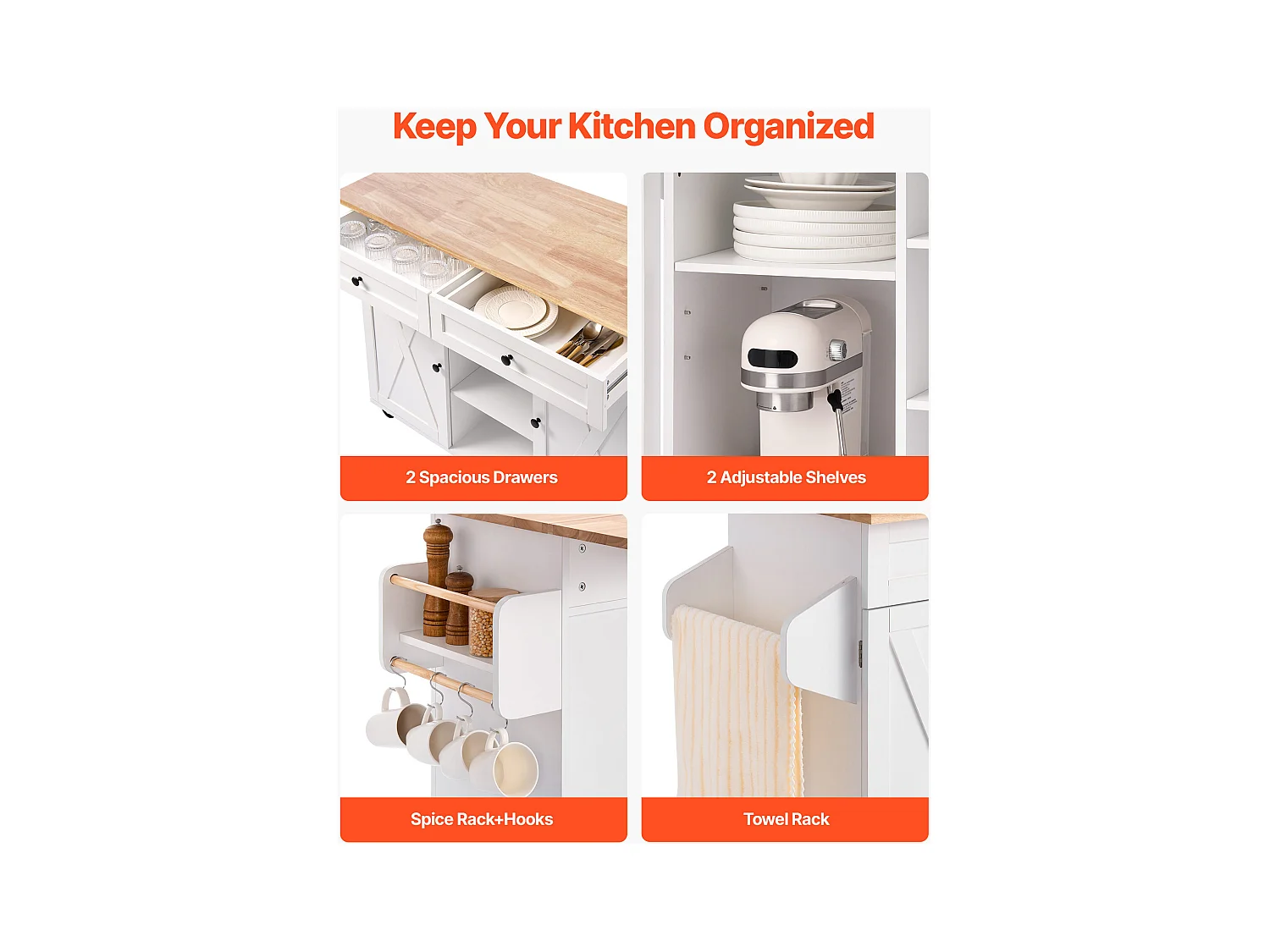 Desserte de Cuisine SucceBuy sur Roulettes, 132 cm de Large, Îlot Central Mobile avec Plateau en Bois Massif, pour Salle à Manger Garde-Manger, Blanc