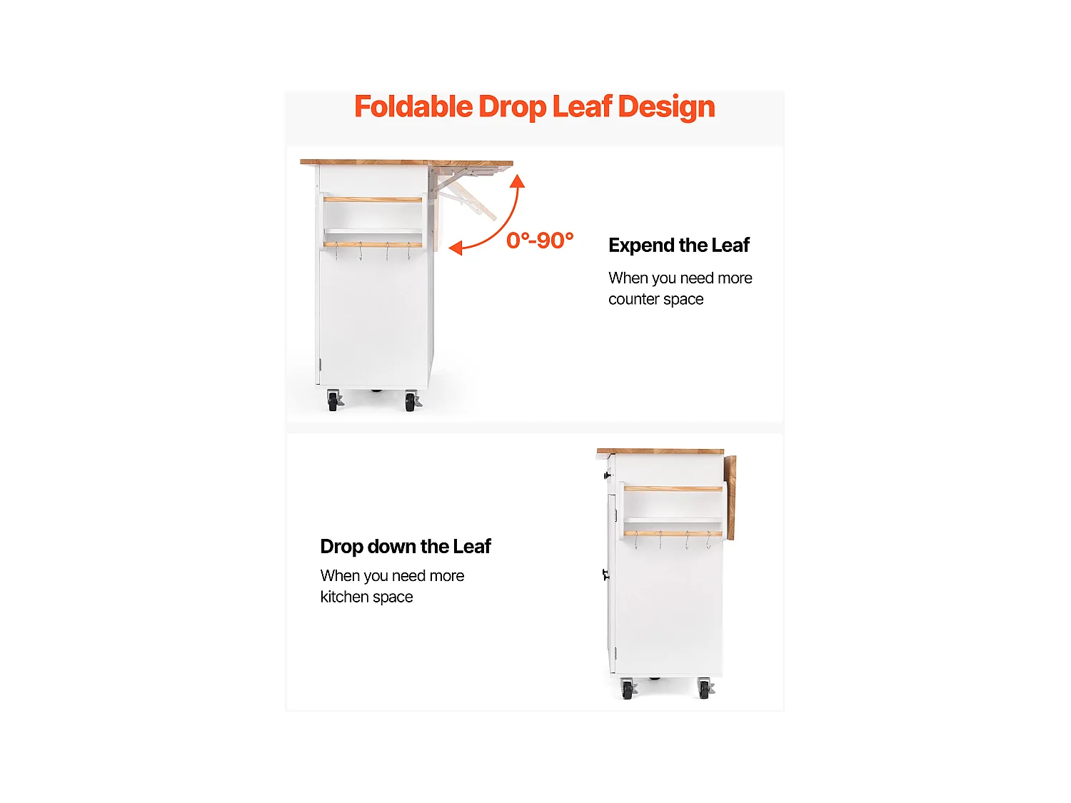 Desserte de Cuisine SucceBuy sur Roulettes, 132 cm de Large, Îlot Central Mobile avec Plateau en Bois Massif, pour Salle à Manger Garde-Manger, Blanc