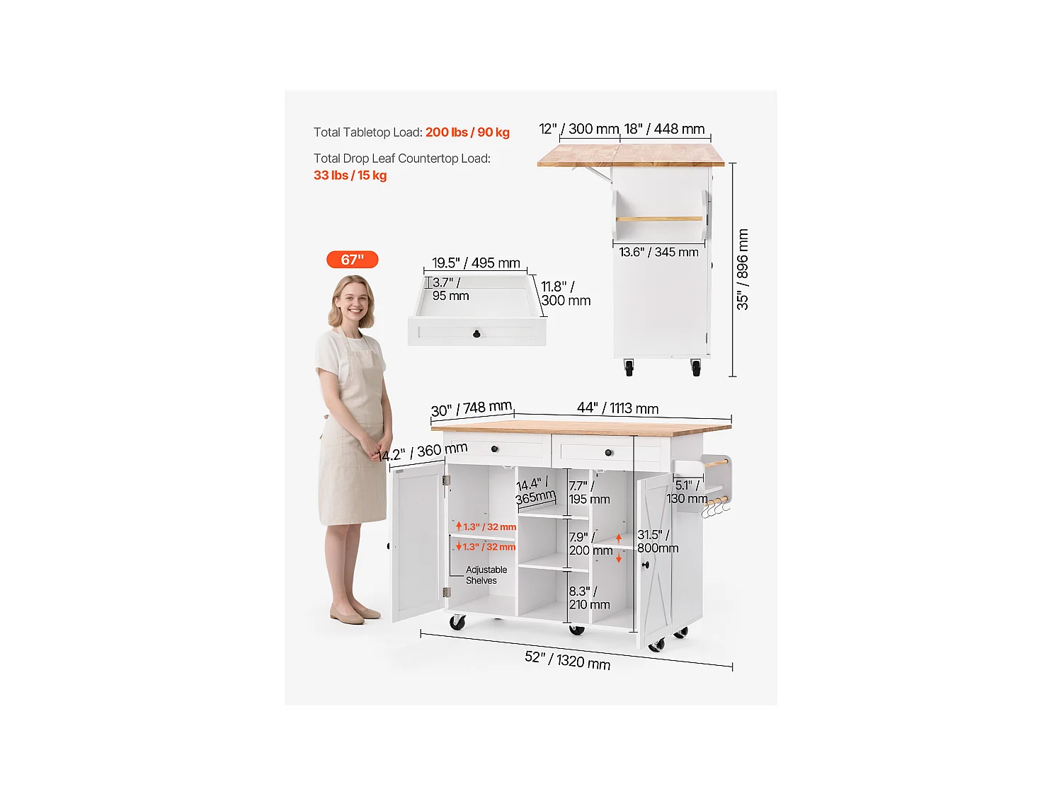 Desserte de Cuisine SucceBuy sur Roulettes, 132 cm de Large, Îlot Central Mobile avec Plateau en Bois Massif, pour Salle à Manger Garde-Manger, Blanc