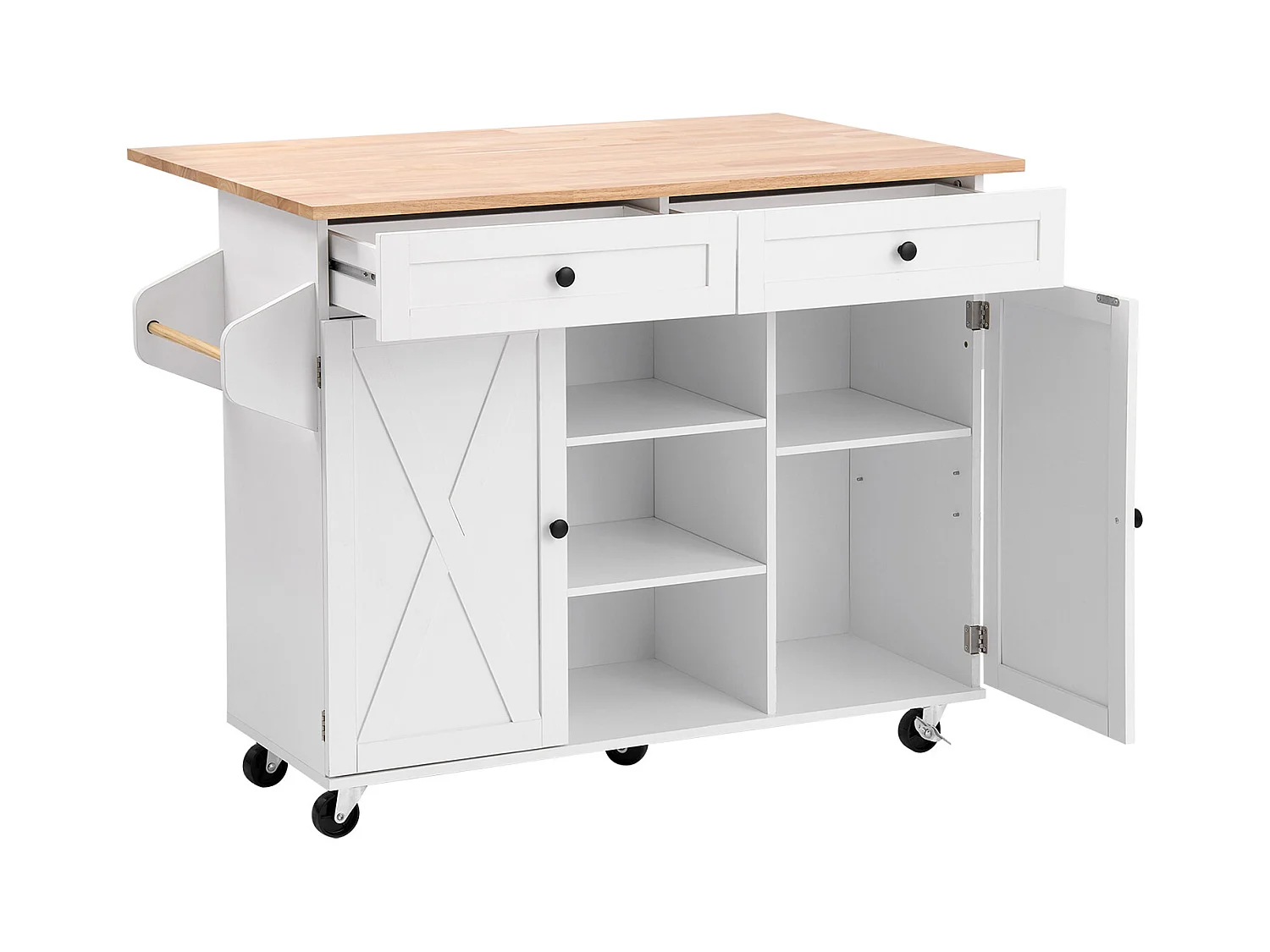 Desserte de Cuisine SucceBuy sur Roulettes, 132 cm de Large, Îlot Central Mobile avec Plateau en Bois Massif, pour Salle à Manger Garde-Manger, Blanc