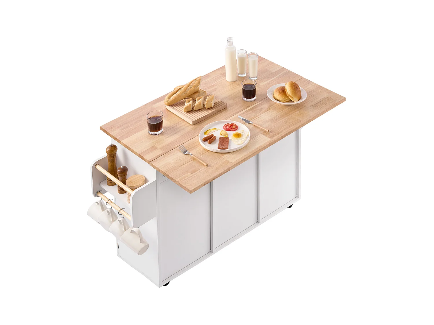 Desserte de Cuisine SucceBuy sur Roulettes, 132 cm de Large, Îlot Central Mobile avec Plateau en Bois Massif, pour Salle à Manger Garde-Manger, Blanc