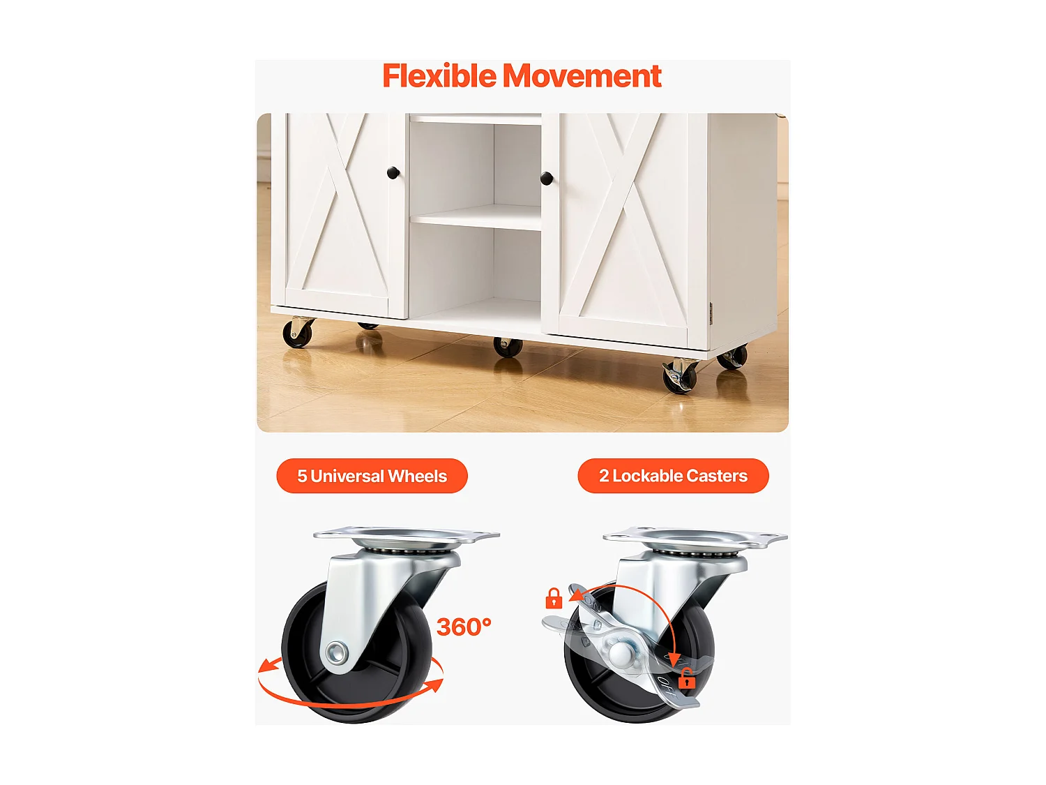 Desserte de Cuisine SucceBuy sur Roulettes, 132 cm de Large, Îlot Central Mobile avec Plateau en Bois Massif, pour Salle à Manger Garde-Manger, Blanc