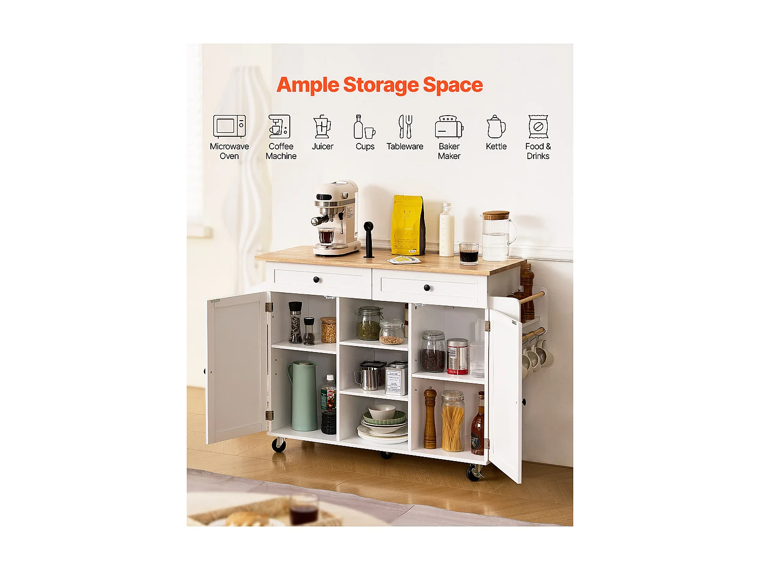 Desserte de Cuisine SucceBuy sur Roulettes, 132 cm de Large, Îlot Central Mobile avec Plateau en Bois Massif, pour Salle à Manger Garde-Manger, Blanc