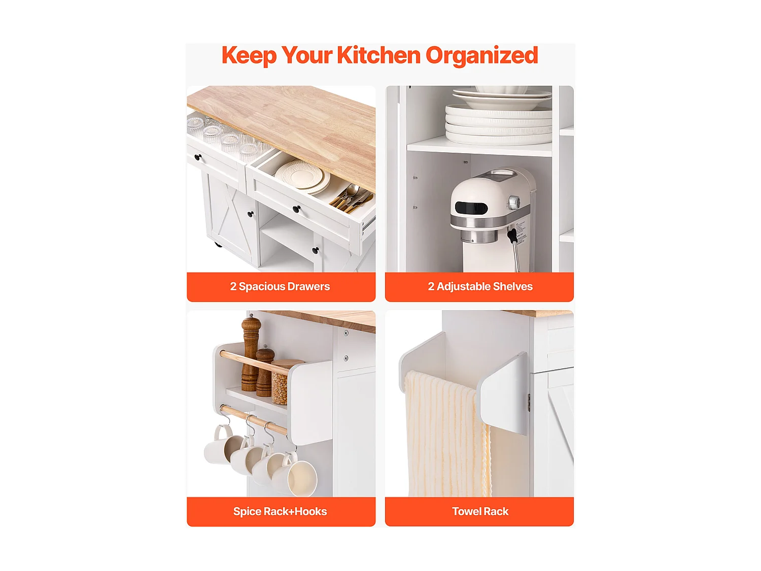 Desserte de Cuisine SucceBuy sur Roulettes, 132 cm de Large, Îlot Central Mobile avec Plateau en Bois Massif, pour Salle à Manger Garde-Manger, Blanc