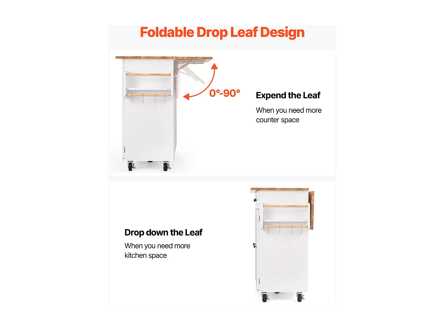 Desserte de Cuisine SucceBuy sur Roulettes, 132 cm de Large, Îlot Central Mobile avec Plateau en Bois Massif, pour Salle à Manger Garde-Manger, Blanc