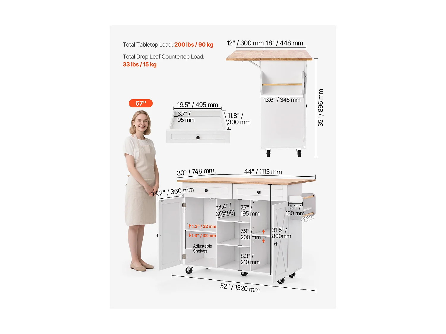 Desserte de Cuisine SucceBuy sur Roulettes, 132 cm de Large, Îlot Central Mobile avec Plateau en Bois Massif, pour Salle à Manger Garde-Manger, Blanc