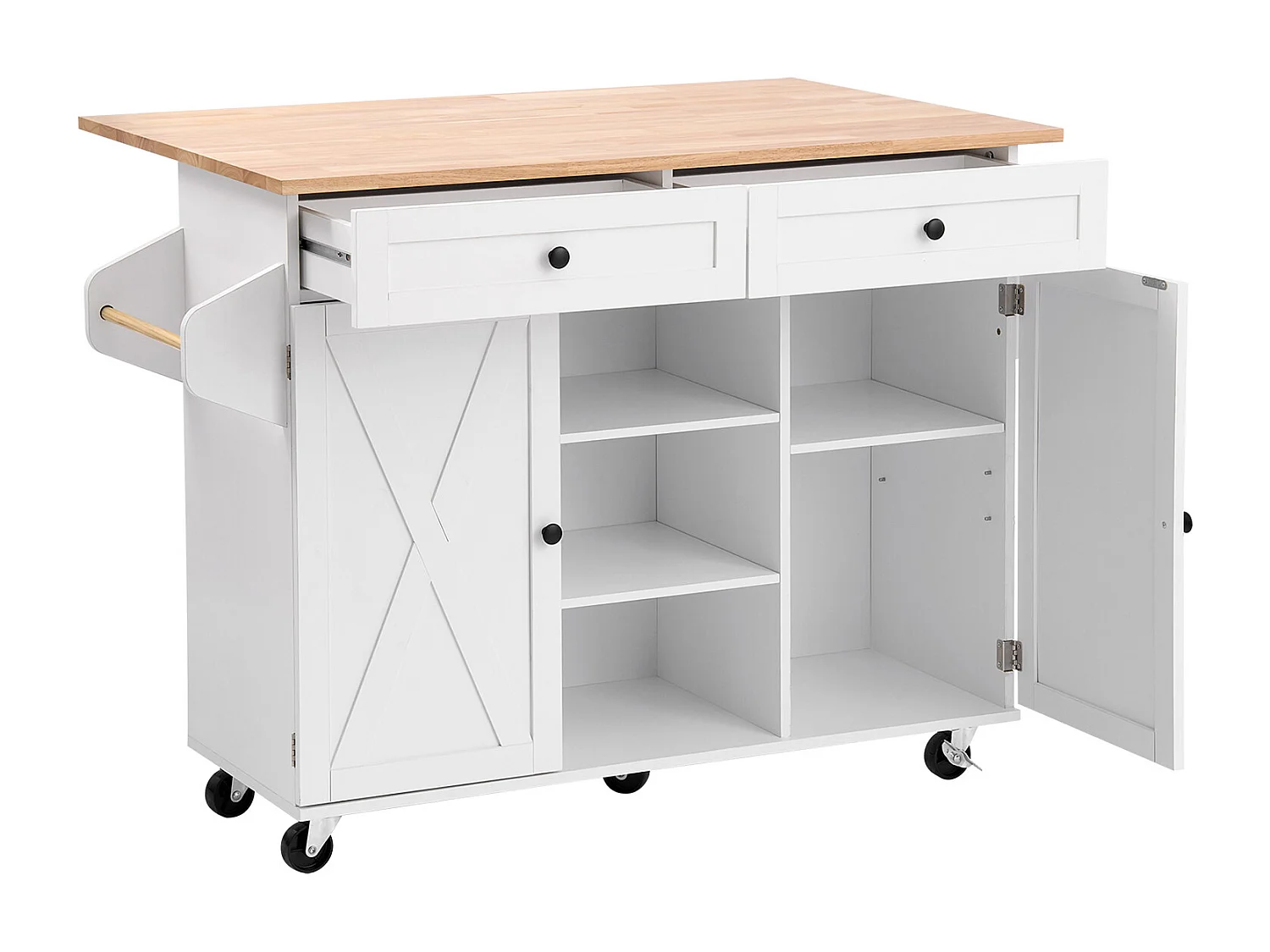 Desserte de Cuisine SucceBuy sur Roulettes, 132 cm de Large, Îlot Central Mobile avec Plateau en Bois Massif, pour Salle à Manger Garde-Manger, Blanc