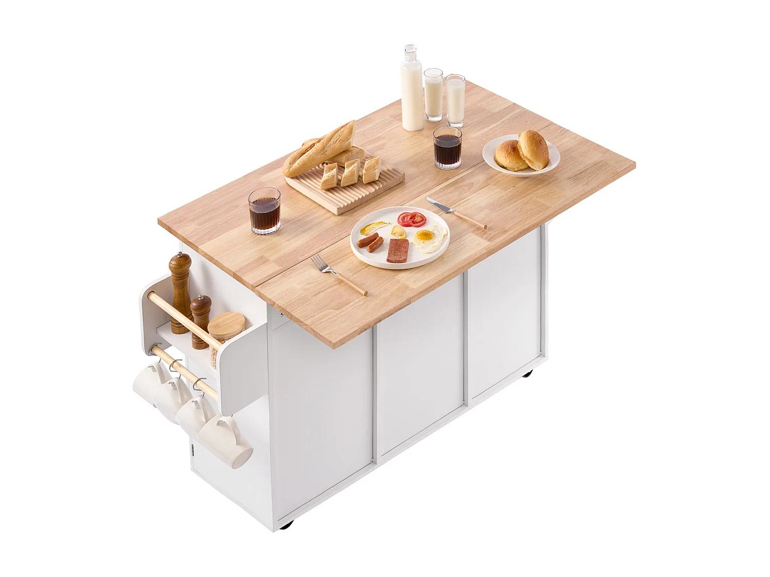 Desserte de Cuisine SucceBuy sur Roulettes, 132 cm de Large, Îlot Central Mobile avec Plateau en Bois Massif, pour Salle à Manger Garde-Manger, Blanc