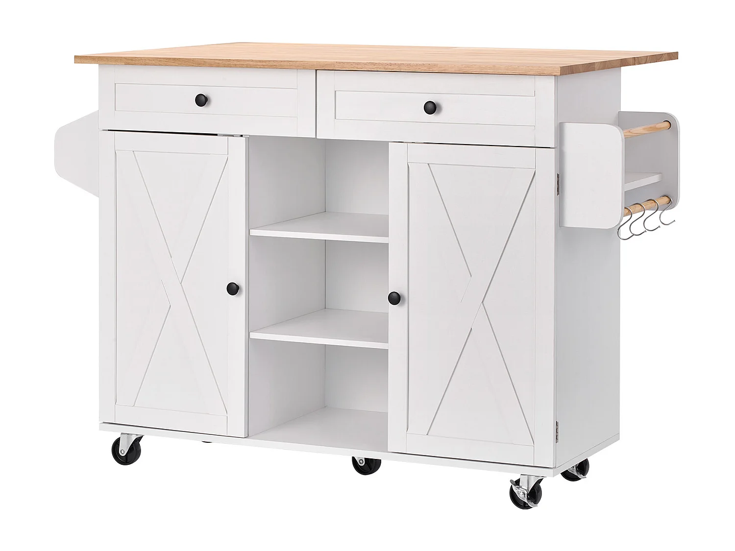 Desserte de Cuisine SucceBuy sur Roulettes, 132 cm de Large, Îlot Central Mobile avec Plateau en Bois Massif, pour Salle à Manger Garde-Manger, Blanc
