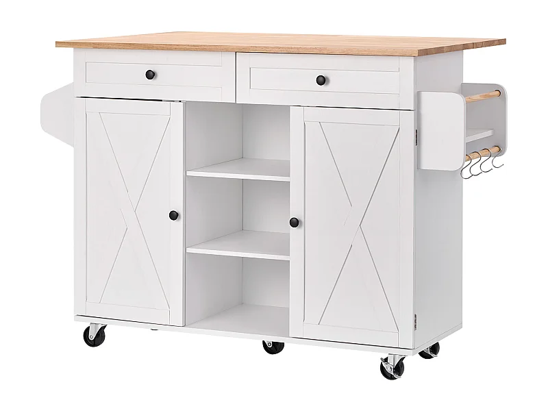 Desserte de Cuisine SucceBuy sur Roulettes, 132 cm de Large, Îlot Central Mobile avec Plateau en Bois Massif, pour Salle à Manger Garde-Manger, Blanc