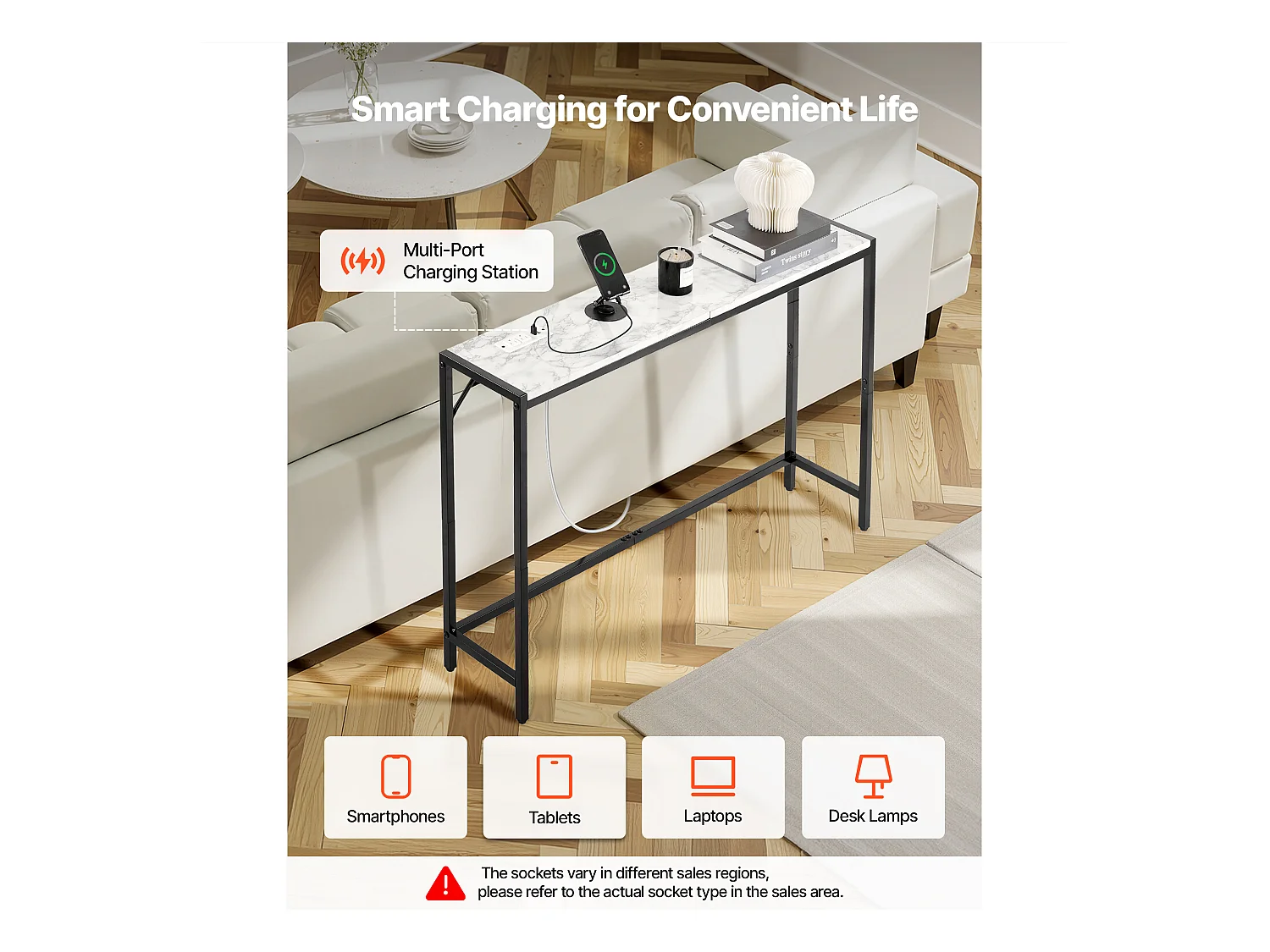 Stolik Konsolowy SucceBuy z Marmuru, Wąska i Długa Konsola do Przedpokoju z Gniazdkiem Elektrycznym, Zabezpieczeniem Przed Przewróceniem i Trójkątnym