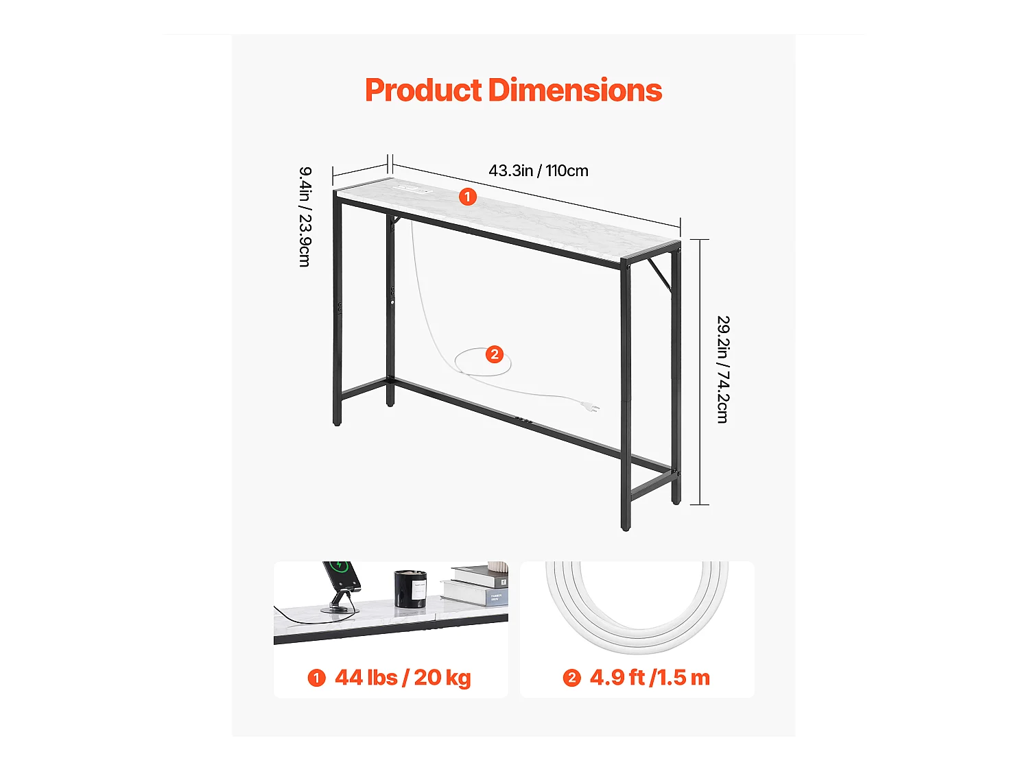Stolik Konsolowy SucceBuy z Marmuru, Wąska i Długa Konsola do Przedpokoju z Gniazdkiem Elektrycznym, Zabezpieczeniem Przed Przewróceniem i Trójkątnym