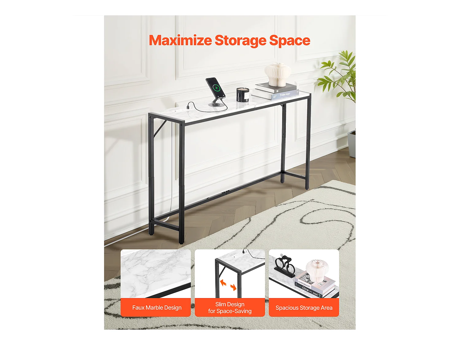 Stolik Konsolowy SucceBuy z Marmuru, Wąska i Długa Konsola do Przedpokoju z Gniazdkiem Elektrycznym, Zabezpieczeniem Przed Przewróceniem i Trójkątnym