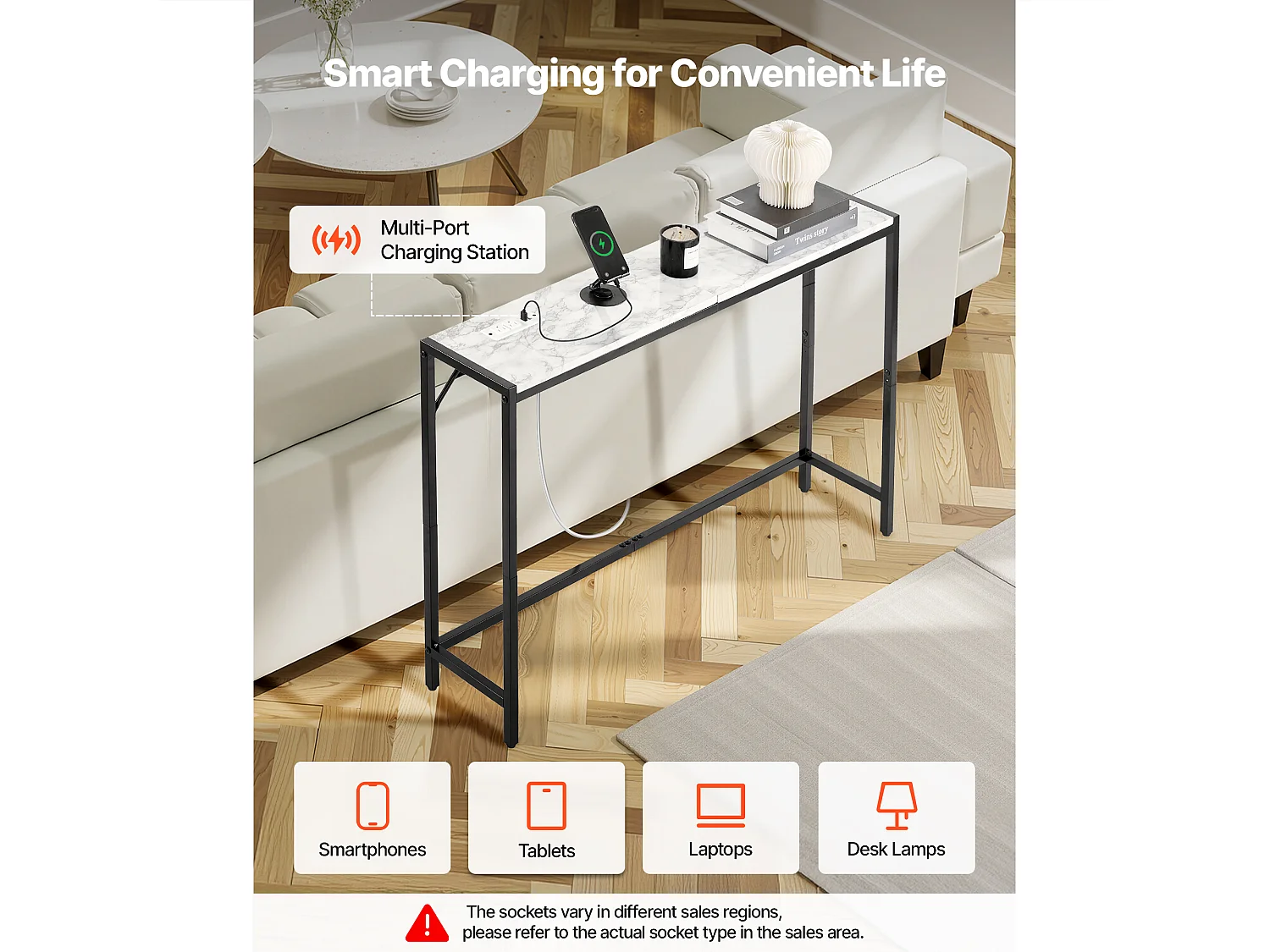 Stolik Konsolowy SucceBuy z Marmuru, Wąska i Długa Konsola do Przedpokoju z Gniazdkiem Elektrycznym, Zabezpieczeniem Przed Przewróceniem i Trójkątnym