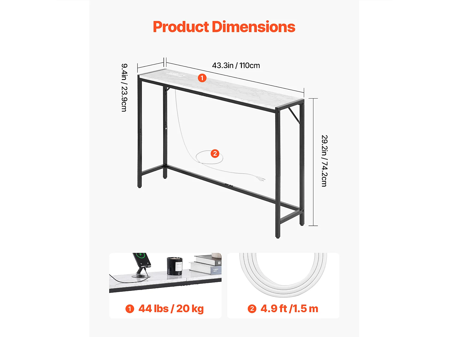 Stolik Konsolowy SucceBuy z Marmuru, Wąska i Długa Konsola do Przedpokoju z Gniazdkiem Elektrycznym, Zabezpieczeniem Przed Przewróceniem i Trójkątnym