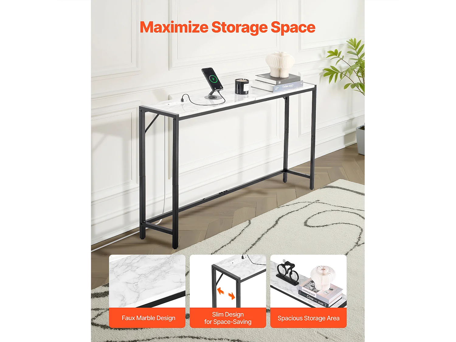 Stolik Konsolowy SucceBuy z Marmuru, Wąska i Długa Konsola do Przedpokoju z Gniazdkiem Elektrycznym, Zabezpieczeniem Przed Przewróceniem i Trójkątnym