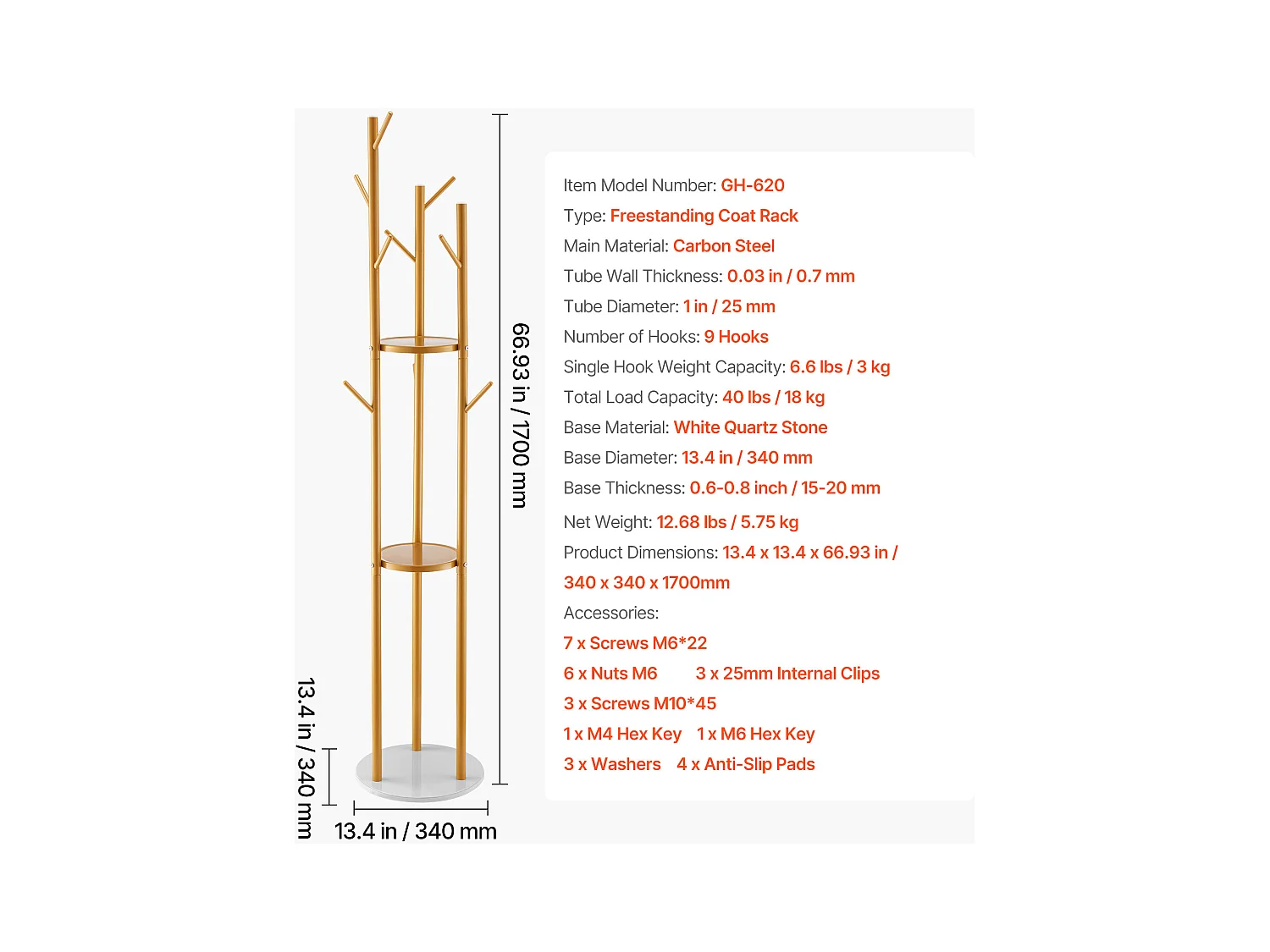 Porte manteau sur Pied SucceBuy, Portant à Vêtements avec Base Quartz, 9 Crochets, Porte Manteau en Métal Autoportant pour Entrée, Chambre, Salon