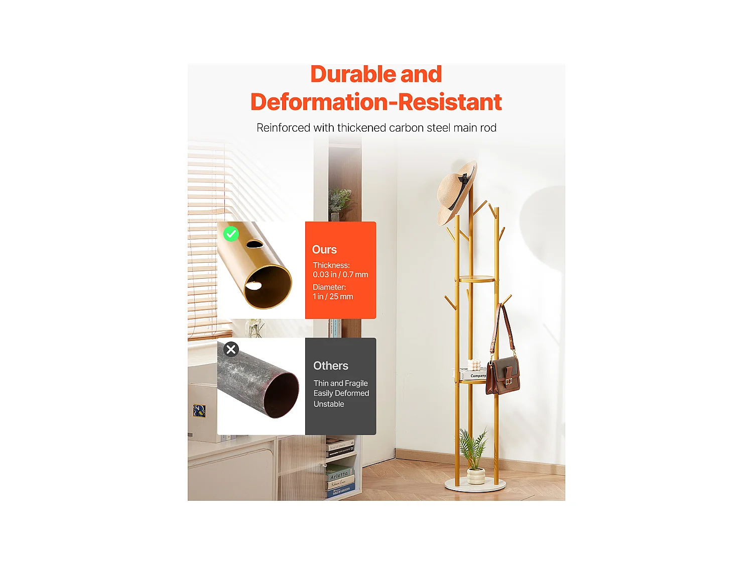 Porte manteau sur Pied SucceBuy, Portant à Vêtements avec Base Quartz, 9 Crochets, Porte Manteau en Métal Autoportant pour Entrée, Chambre, Salon