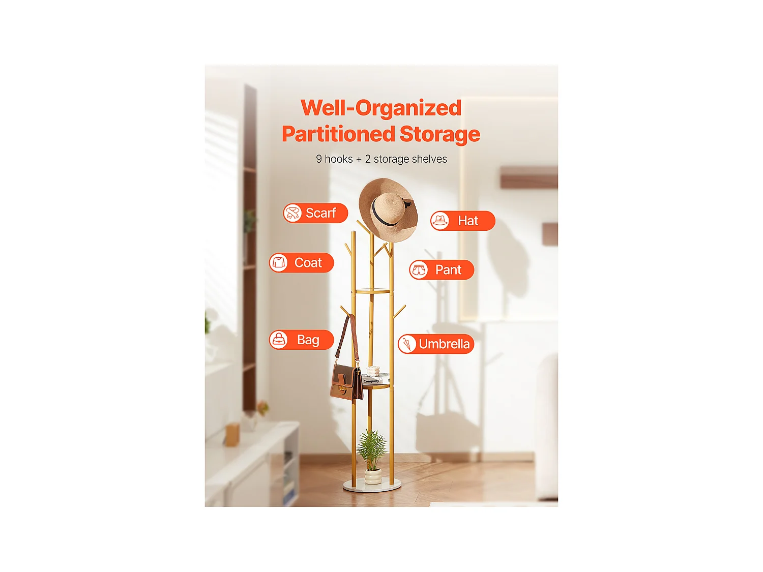 Porte manteau sur Pied SucceBuy, Portant à Vêtements avec Base Quartz, 9 Crochets, Porte Manteau en Métal Autoportant pour Entrée, Chambre, Salon