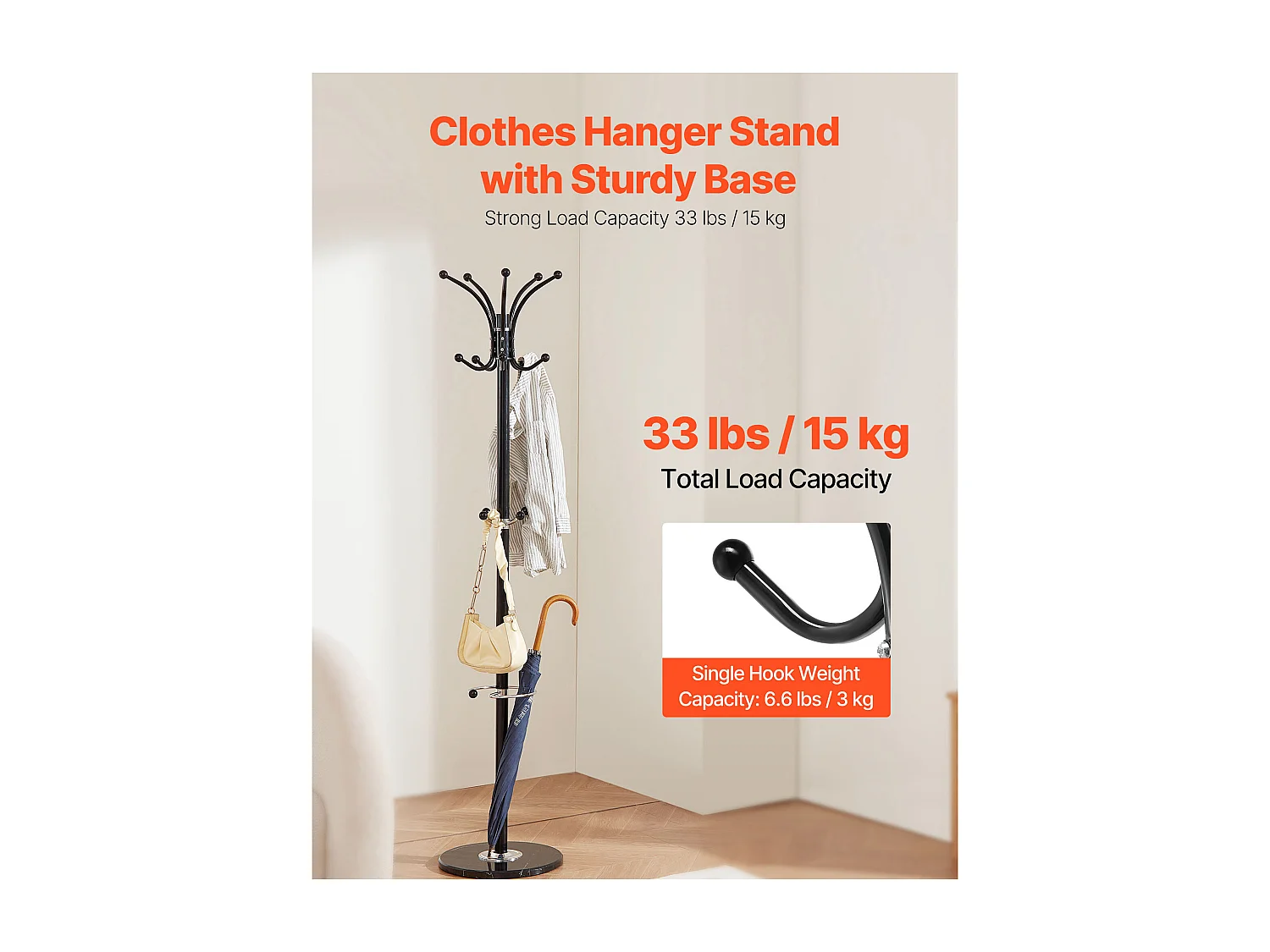 Wieszak Stojący SucceBuy, Wieszak na Ubrania z Wieszakiem na Parasole, Marmurowa Podstawa, 14 Haczyków, Metalowy Wieszak na Ubrania do Przedpokoju, Sypialni