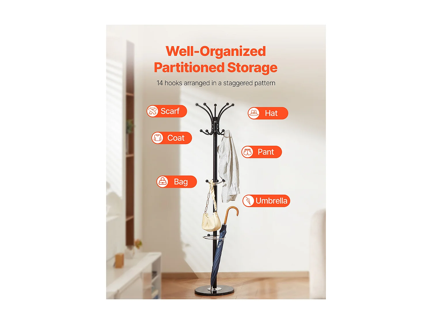 Wieszak Stojący SucceBuy, Wieszak na Ubrania z Wieszakiem na Parasole, Marmurowa Podstawa, 14 Haczyków, Metalowy Wieszak na Ubrania do Przedpokoju, Sypialni