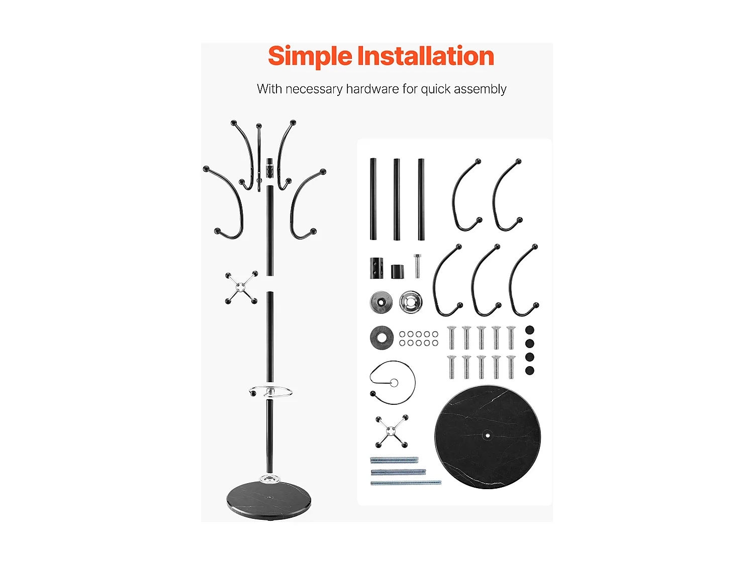 Wieszak Stojący SucceBuy, Wieszak na Ubrania z Wieszakiem na Parasole, Marmurowa Podstawa, 14 Haczyków, Metalowy Wieszak na Ubrania do Przedpokoju, Sypialni