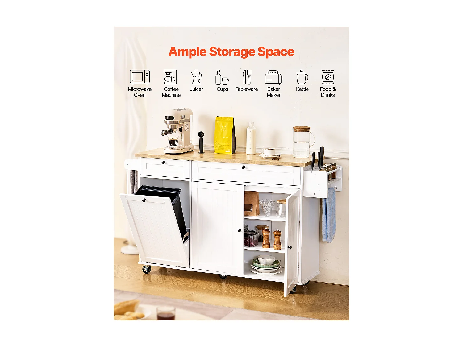 Desserte de Cuisine SucceBuy sur Roulettes, 153 cm de Large, Îlot Central Mobile avec Abattant, 2 Tiroirs, pour Salle à Manger Garde-Manger