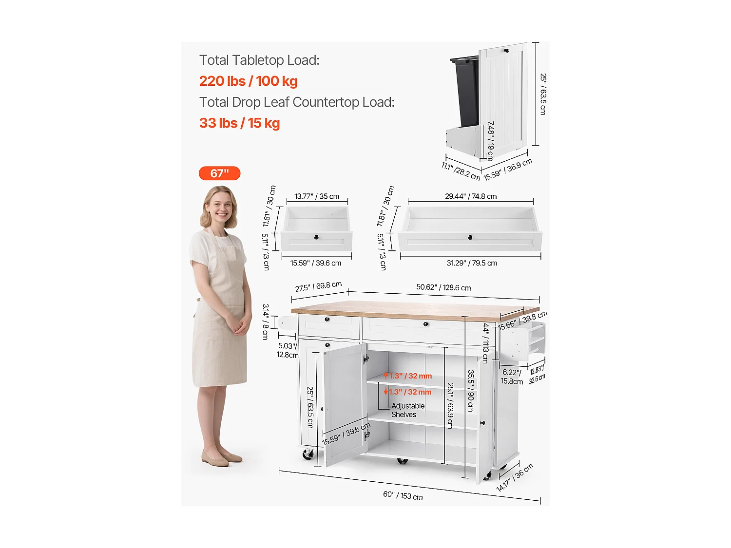 Desserte de Cuisine SucceBuy sur Roulettes, 153 cm de Large, Îlot Central Mobile avec Abattant, 2 Tiroirs, pour Salle à Manger Garde-Manger