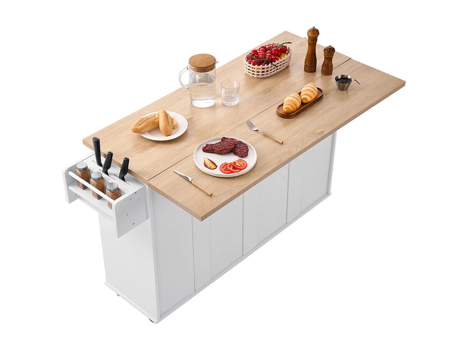 Desserte de Cuisine SucceBuy sur Roulettes, 153 cm de Large, Îlot Central Mobile avec Abattant, 2 Tiroirs, pour Salle à Manger Garde-Manger