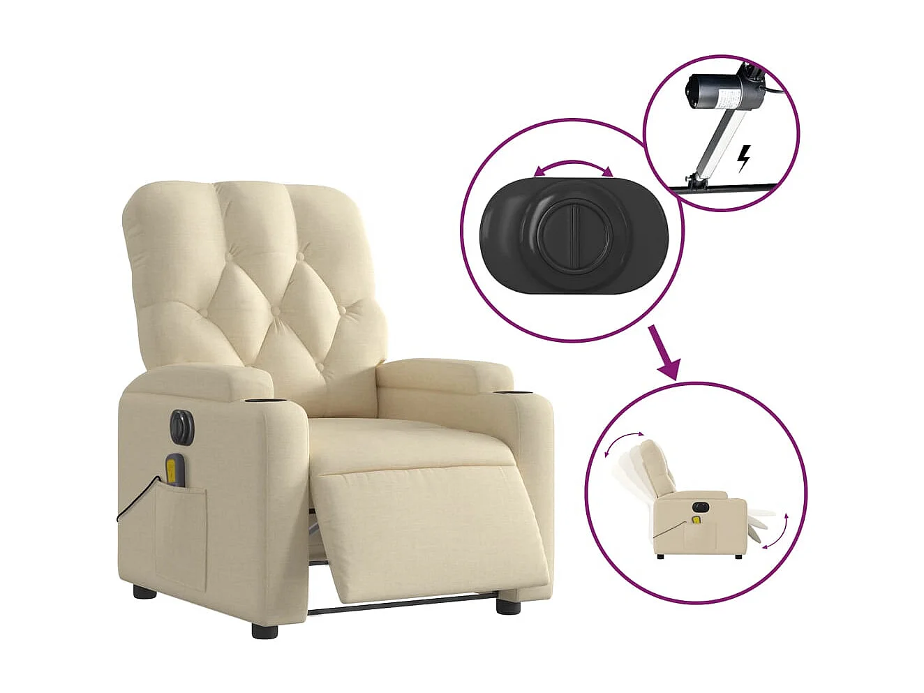 Fauteuil inclinable électrique-Chaise-Fauteuil de Massage crème tissu SHL944