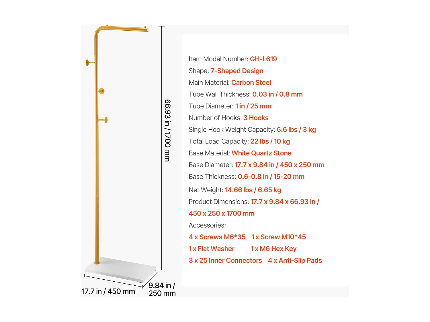 Staande Kapstok SucceBuy, Kledingrek met Kwartsvoet, 3 Ronde Haken, Metalen Kapstok, voor Hal, Slaapkamer, Woonkamer