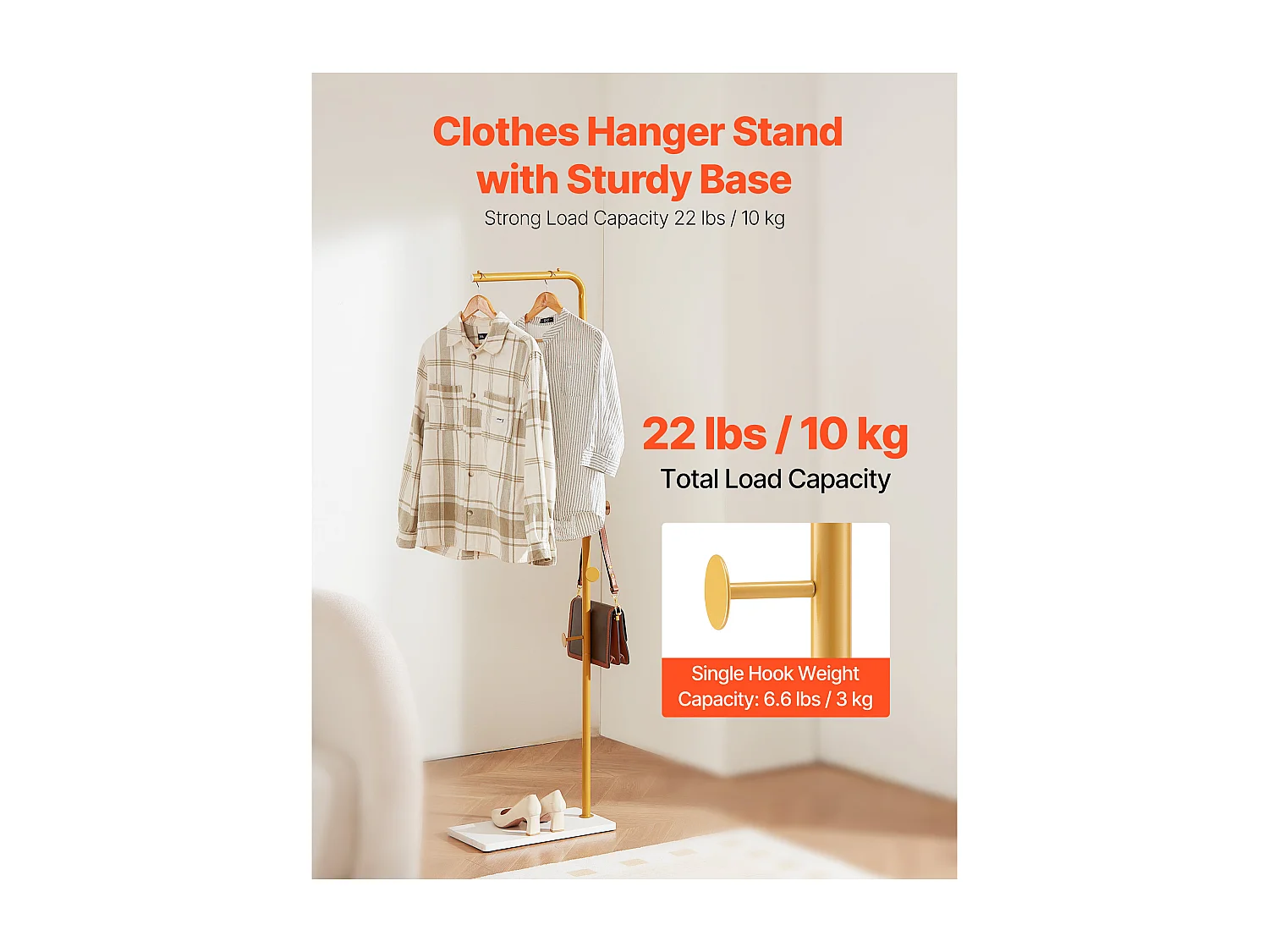 Staande Kapstok SucceBuy, Kledingrek met Kwartsvoet, 3 Ronde Haken, Metalen Kapstok, voor Hal, Slaapkamer, Woonkamer