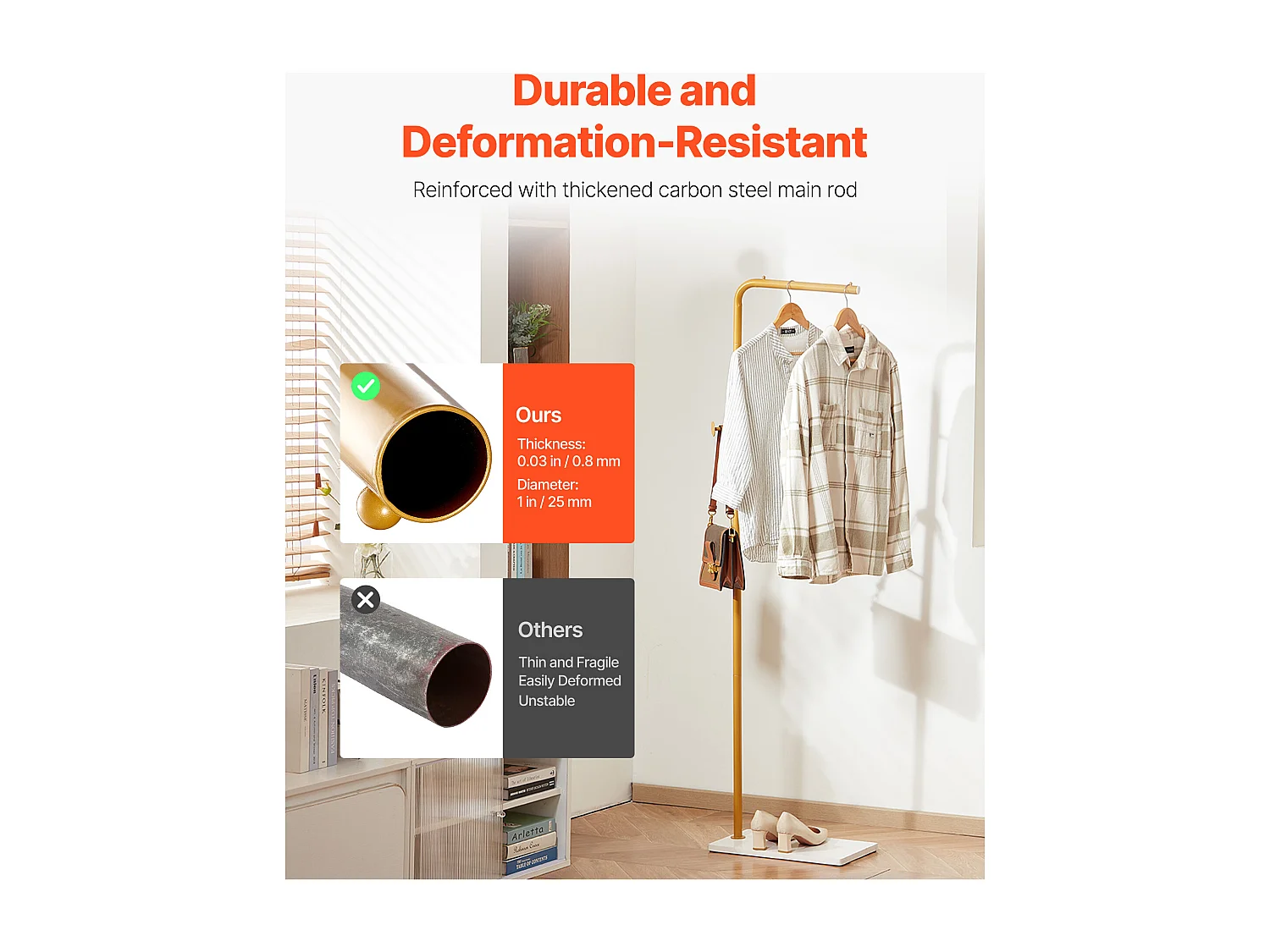 Staande Kapstok SucceBuy, Kledingrek met Kwartsvoet, 3 Ronde Haken, Metalen Kapstok, voor Hal, Slaapkamer, Woonkamer