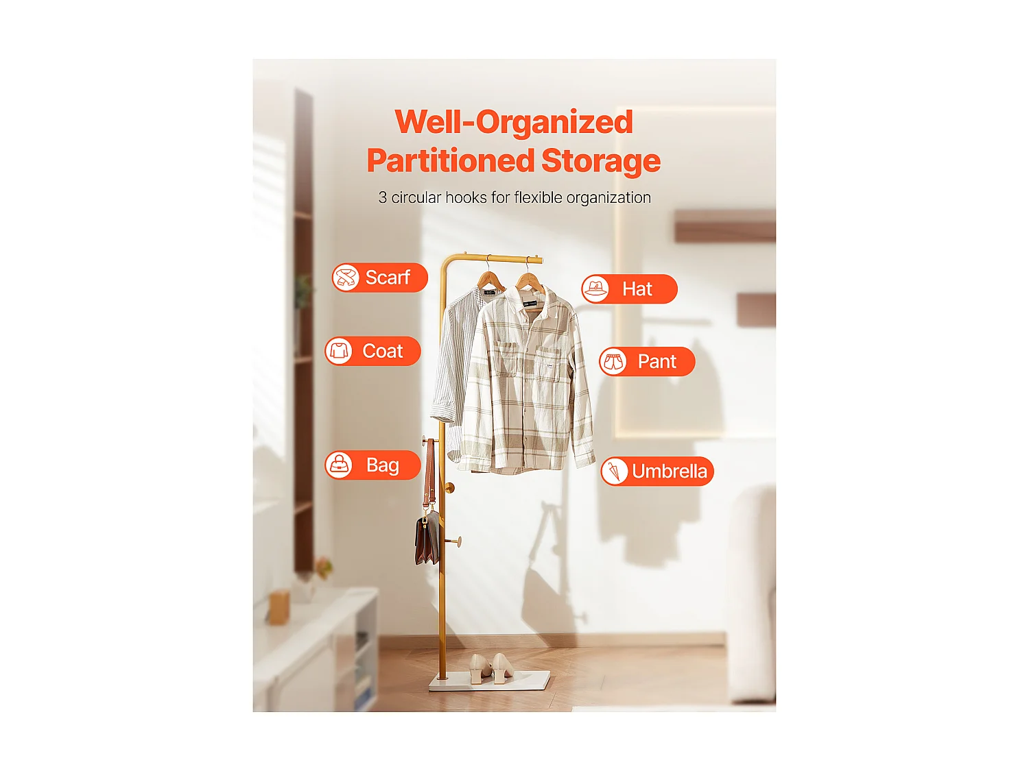 Staande Kapstok SucceBuy, Kledingrek met Kwartsvoet, 3 Ronde Haken, Metalen Kapstok, voor Hal, Slaapkamer, Woonkamer