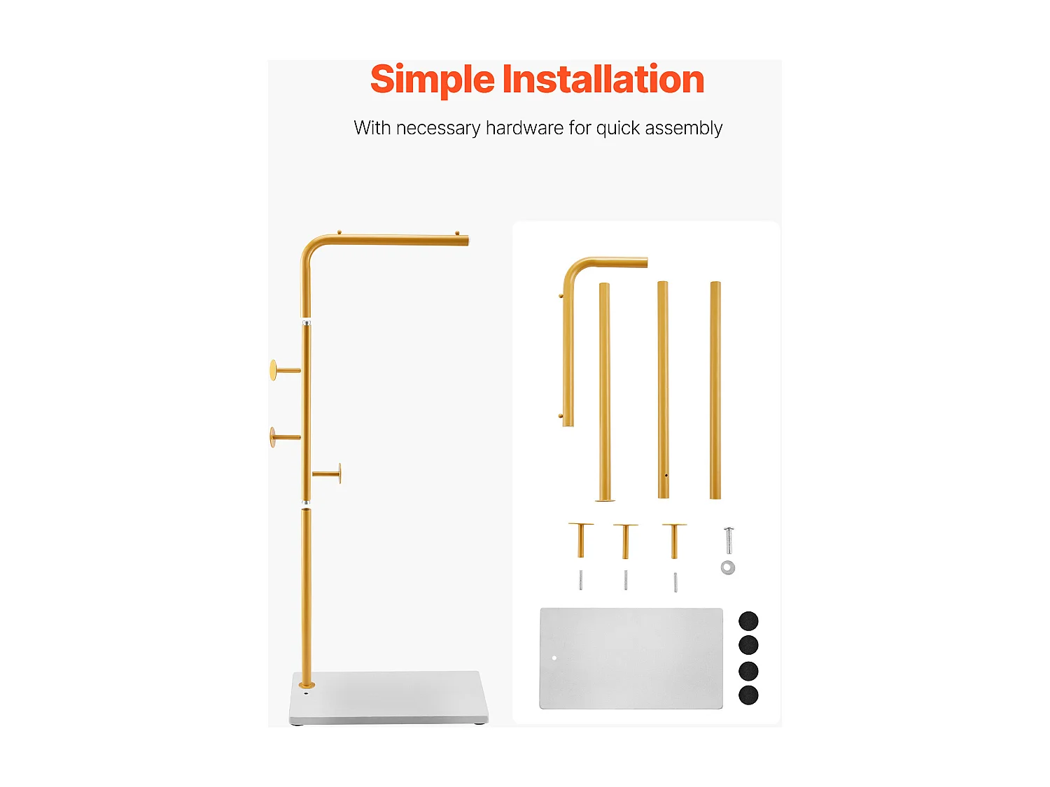 Staande Kapstok SucceBuy, Kledingrek met Kwartsvoet, 3 Ronde Haken, Metalen Kapstok, voor Hal, Slaapkamer, Woonkamer