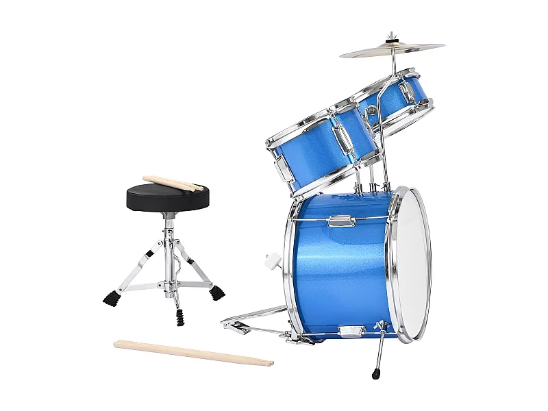 Batterie Enfant SucceBuy, 3 PCS, Batterie Débutants, Grosse Caisse 35,56 cm avec Tom-tom 20,32 cm Caisse Claire 25,4 cm, Siège Réglable, Baguettes, Bleu