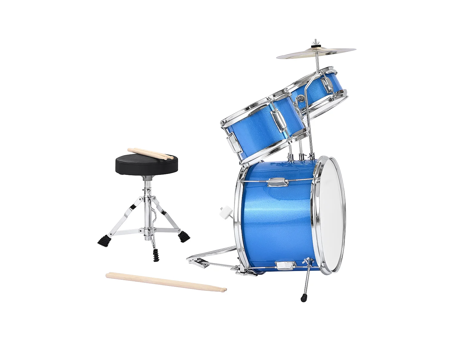 Batterie Enfant SucceBuy, 3 PCS, Batterie Débutants, Grosse Caisse 35,56 cm avec Tom-tom 20,32 cm Caisse Claire 25,4 cm, Siège Réglable, Baguettes, Bleu