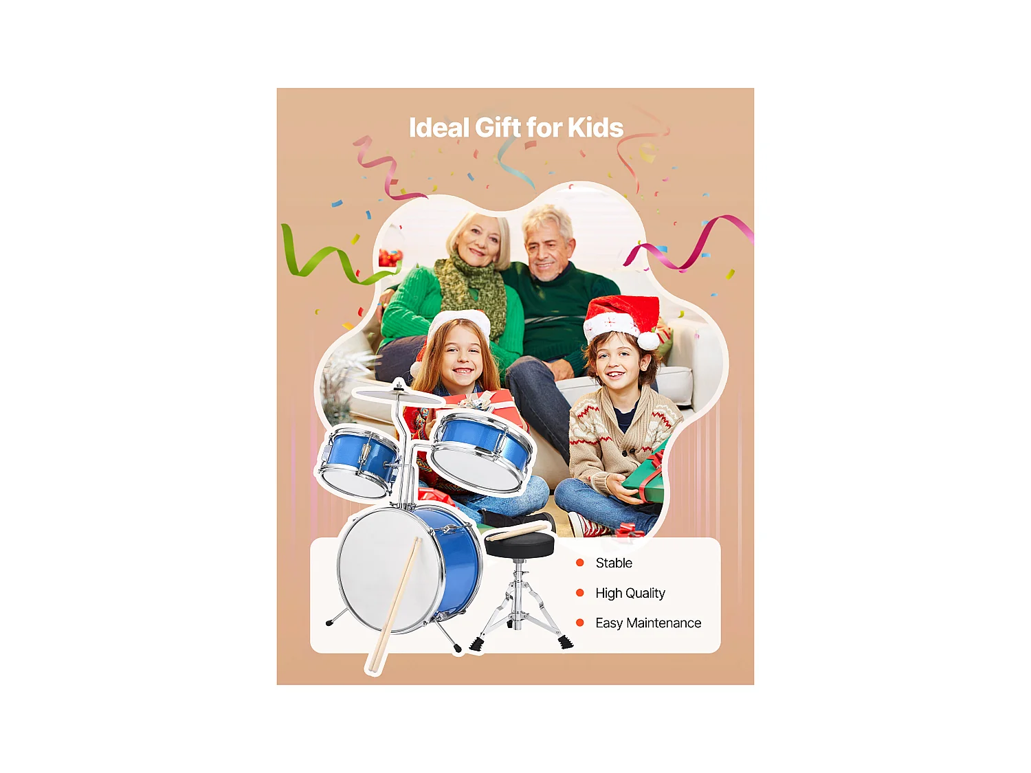 Batterie Enfant SucceBuy, 3 PCS, Batterie Débutants, Grosse Caisse 35,56 cm avec Tom-tom 20,32 cm Caisse Claire 25,4 cm, Siège Réglable, Baguettes, Bleu